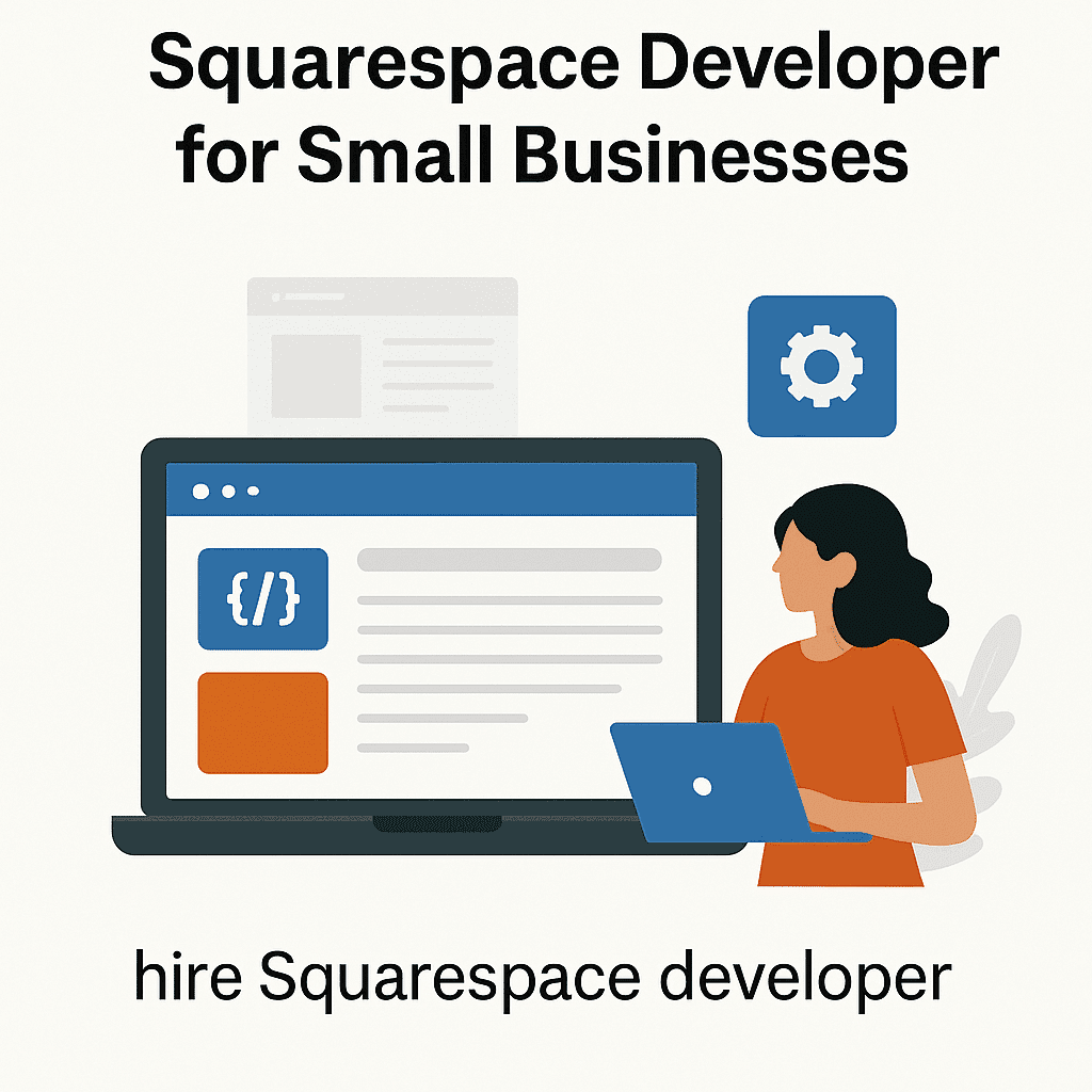 Illustration showing various benefits like clean URLs, mobile optimization, SEO tools and e-commerce integration for small businesses using Squarespace.