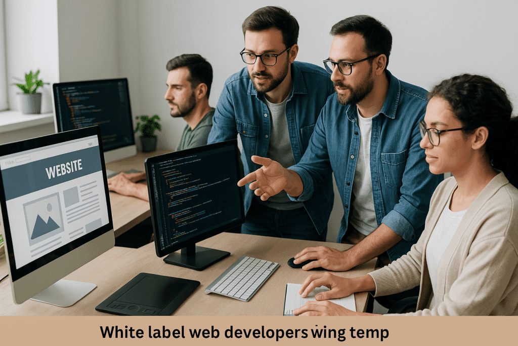  A team of web developers working together on white label web design projects using multiple screens and tools.
